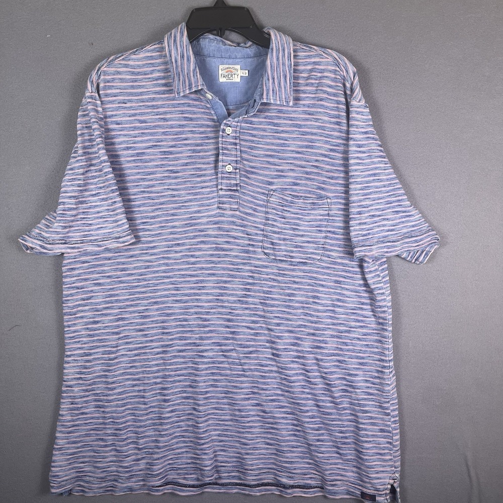 Faherty Brand Polo Shirt Mens Size XL Light Blue w/ Pink Stripes Short Sleeve